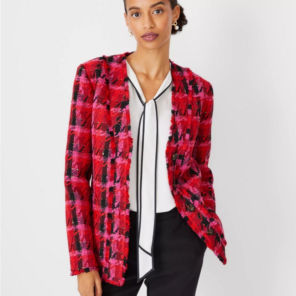 Ann Taylor Pink Multi Houndstooth Tweed Long Jacket - Like new - Picture 9 of 12